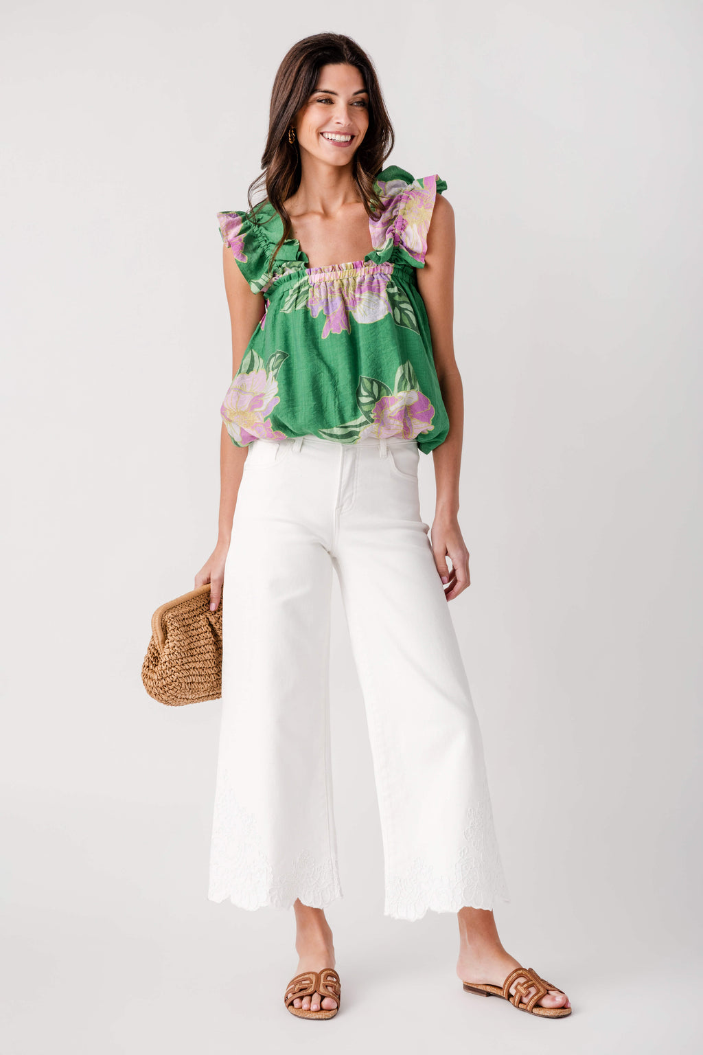 THML green floral bubble top with ruffled cap sleeves and gathered neckline