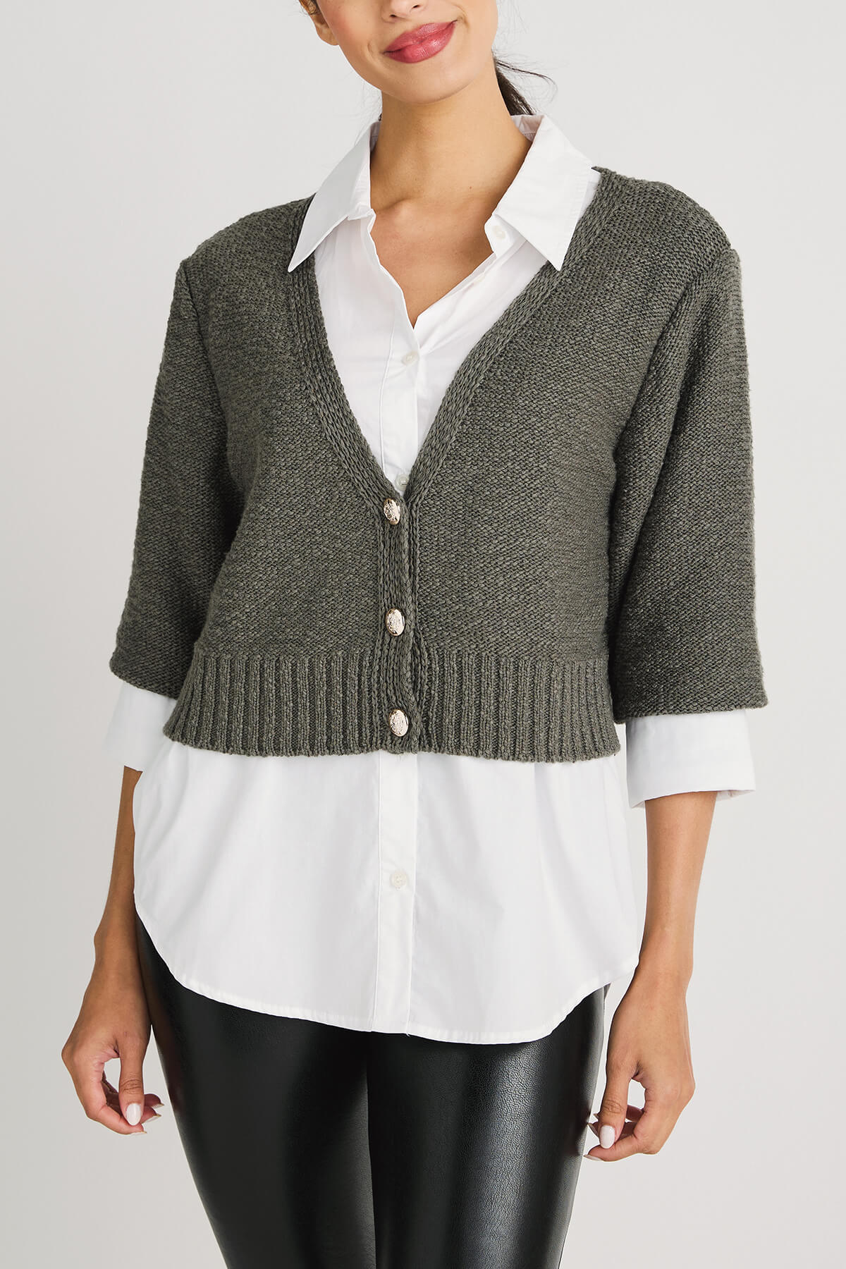 Gunmetal grey cropped knit cardigan sweater with V-neck, button front, and ribbed hem