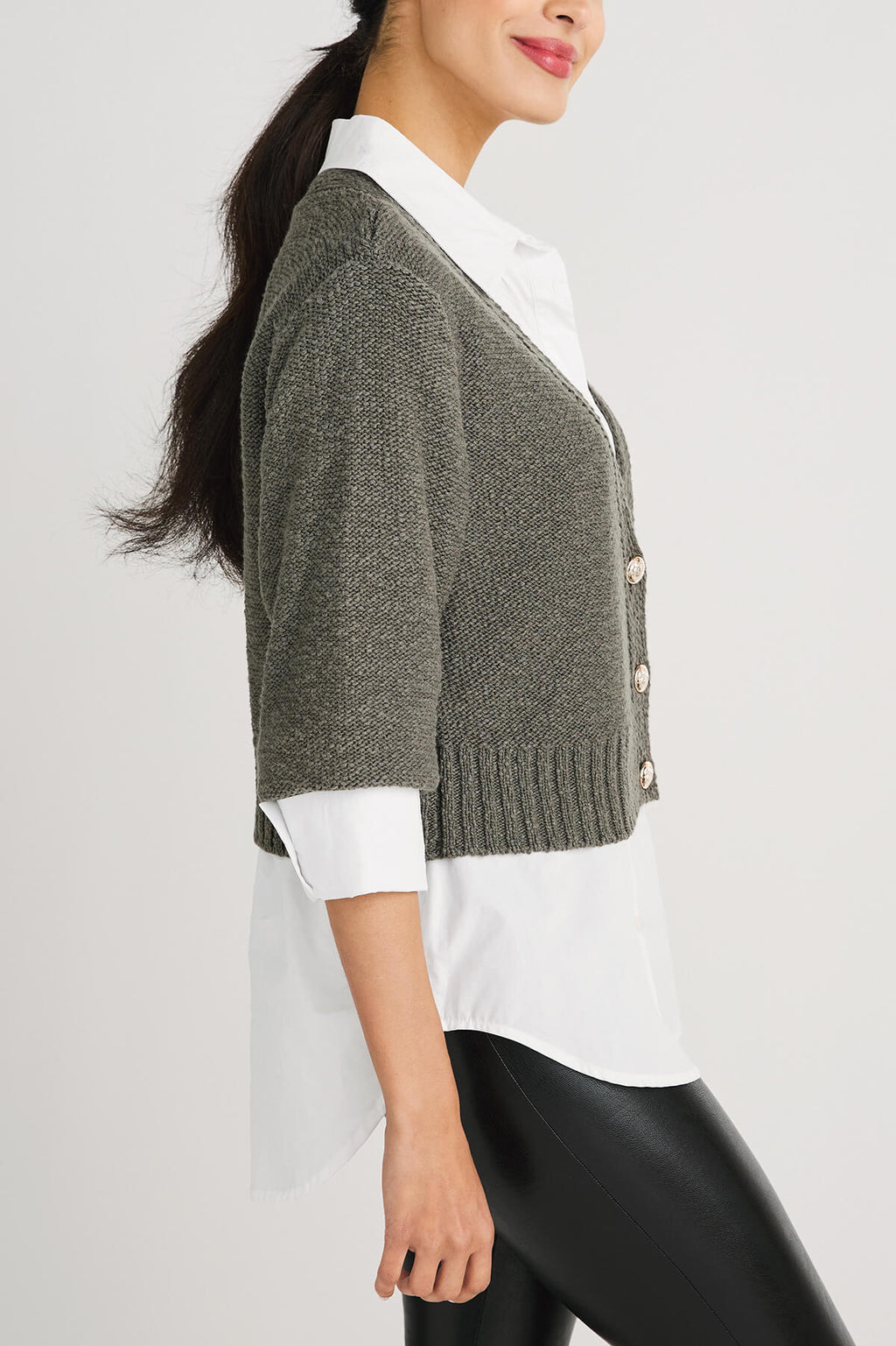 Gunmetal grey cropped cardigan sweater, side view with button front and ribbed cuffs