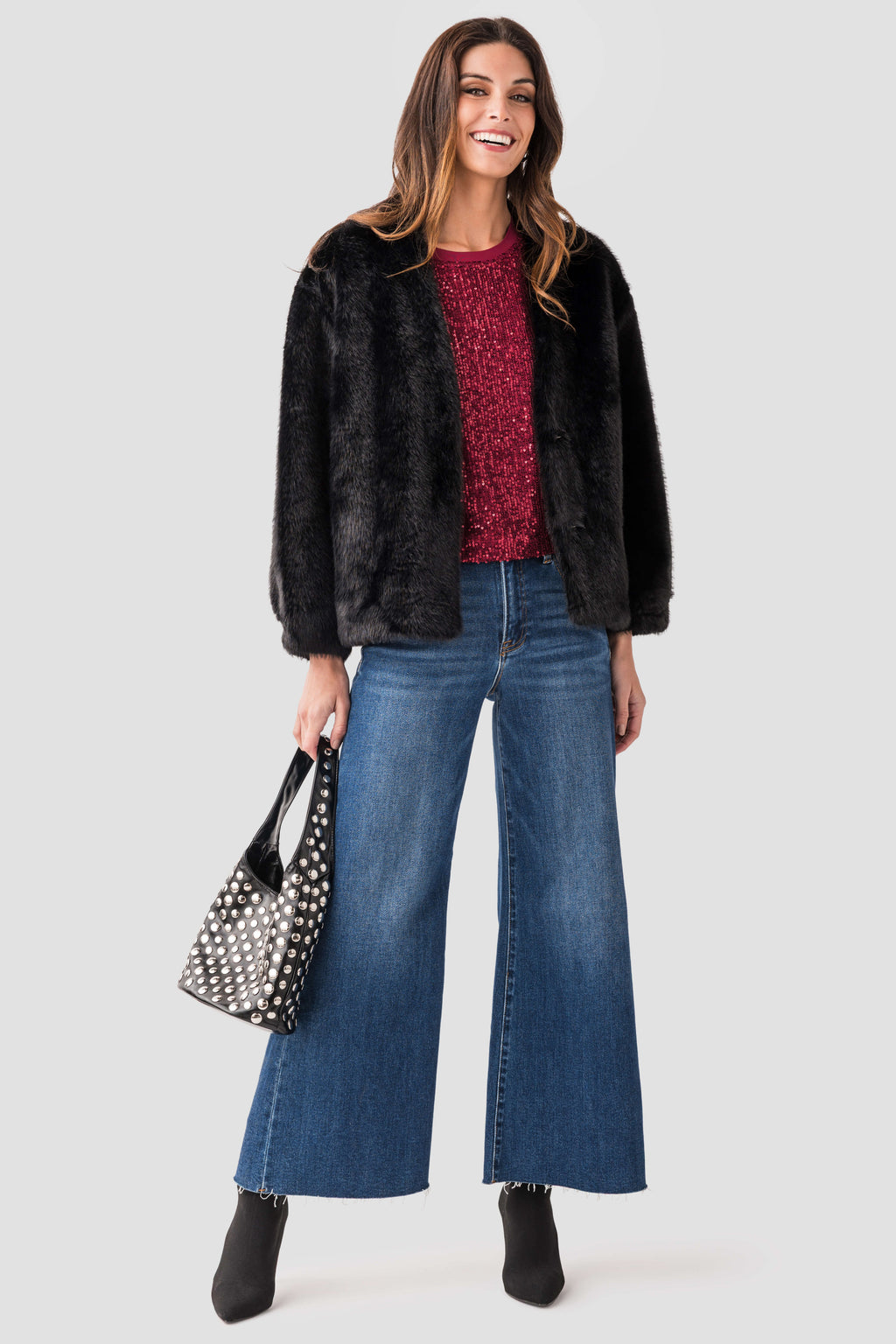 Blue denim raw-hem palazzo jeans with wide legs and classic five-pocket front