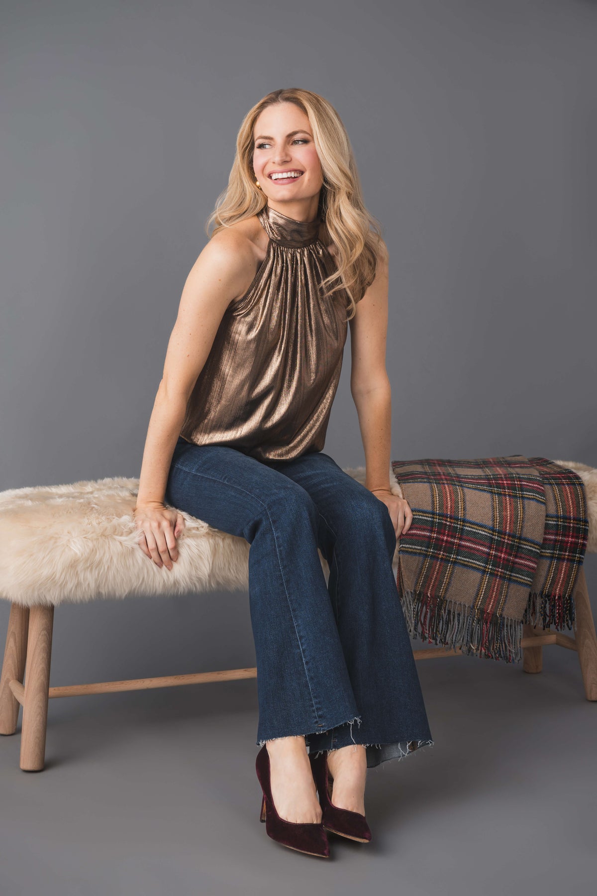 Bronze metallic halter top with ruched high tie-neck and sleeveless drape
