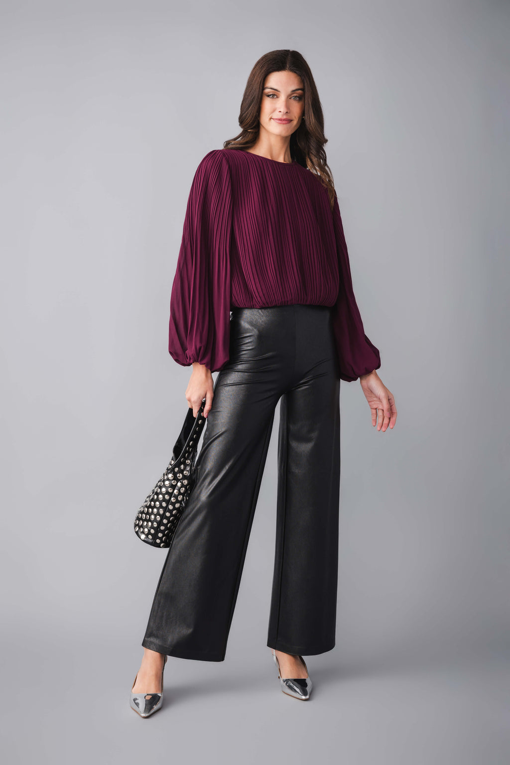 Wine bubble hem top with pinch-pleated detailing and long balloon sleeves