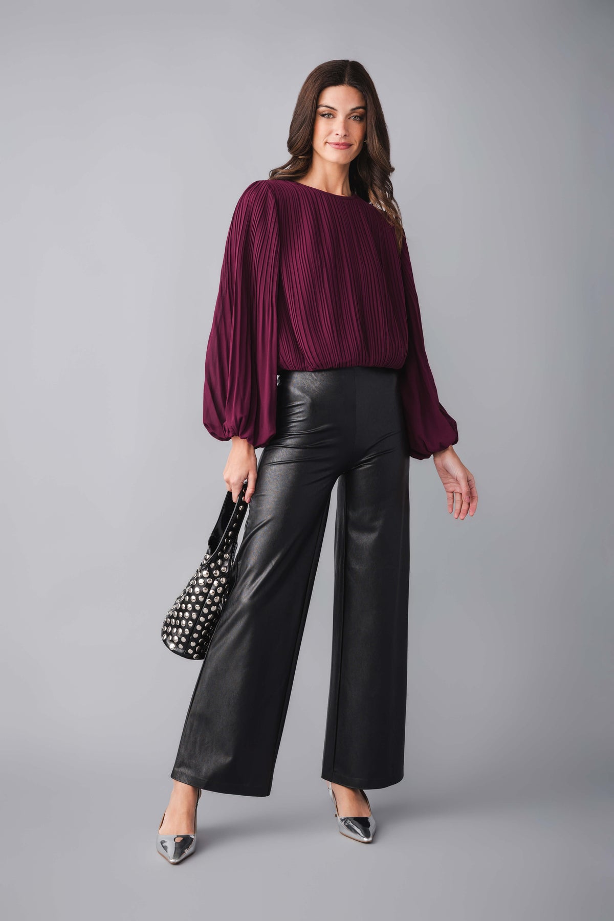 Wine bubble hem top with pinch-pleated detailing and long balloon sleeves