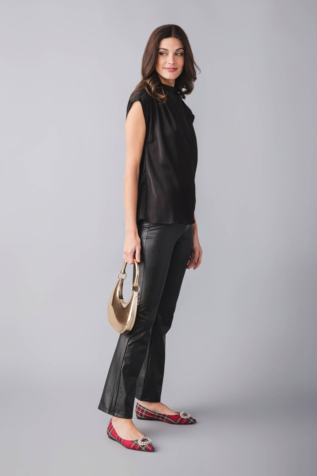 Black draped high-neck sleeveless top, relaxed fit with straight hem