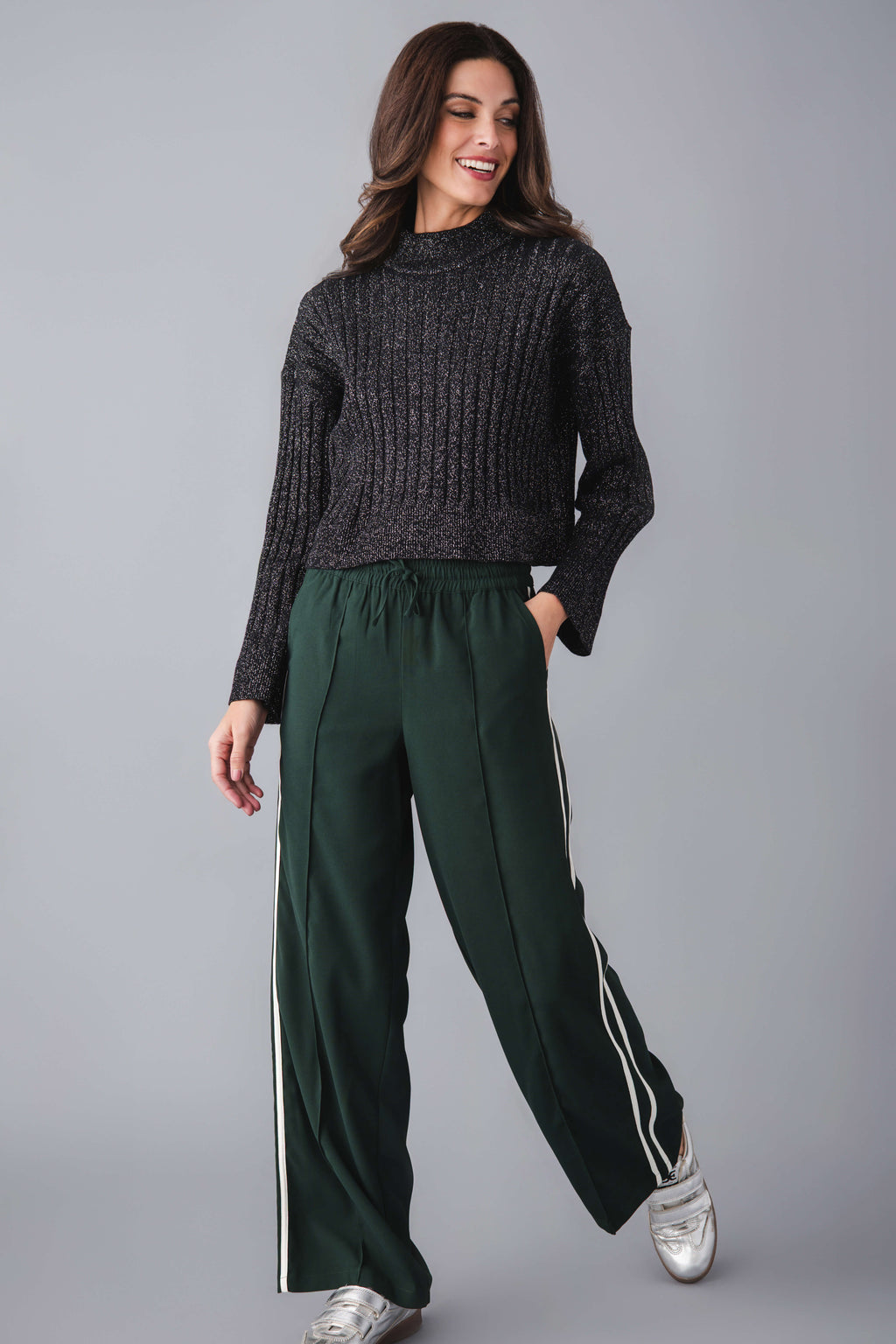 Garland green track pants with white side stripes and drawstring elastic waist