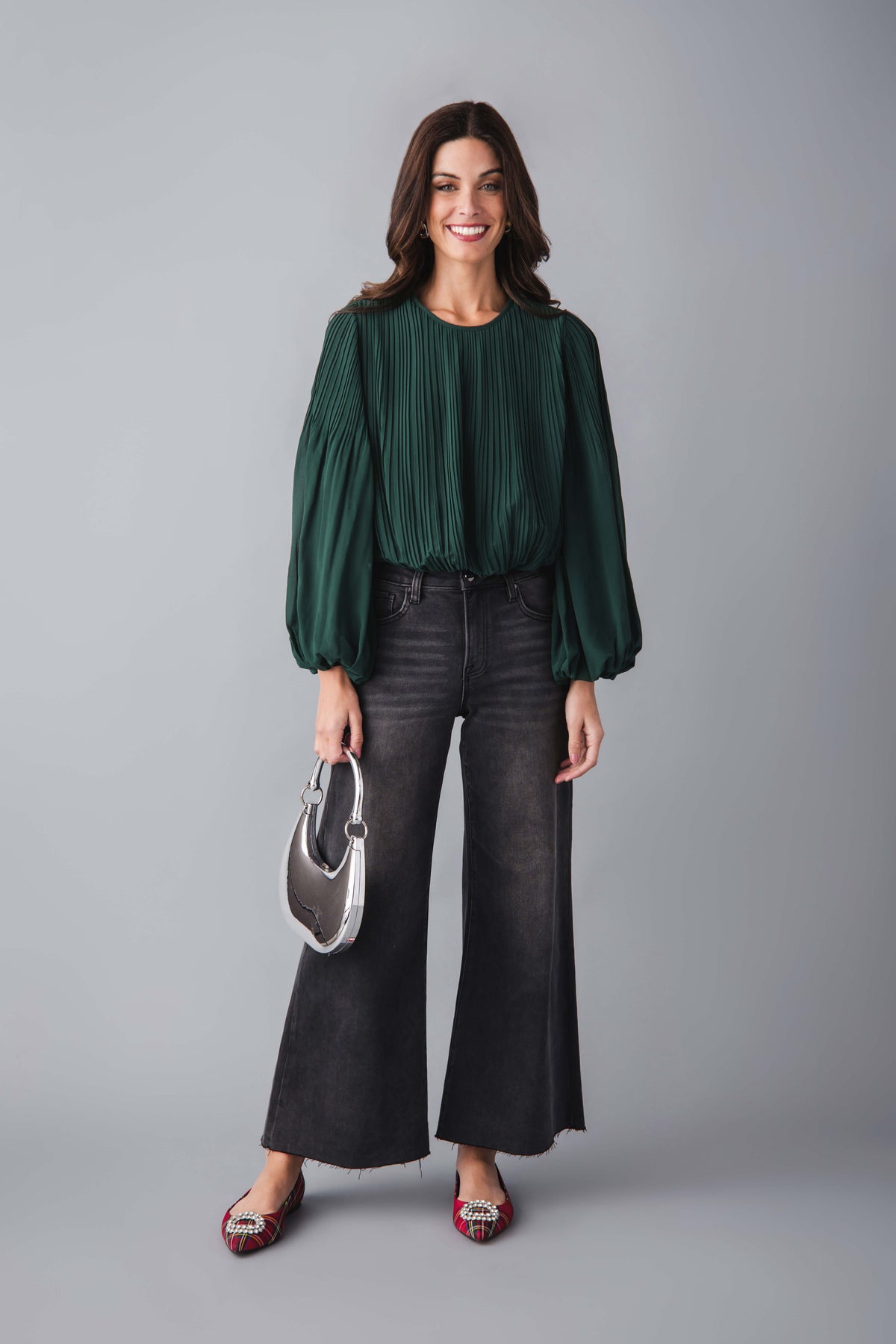 Pine green pinch pleated bubble hem top with long balloon sleeves