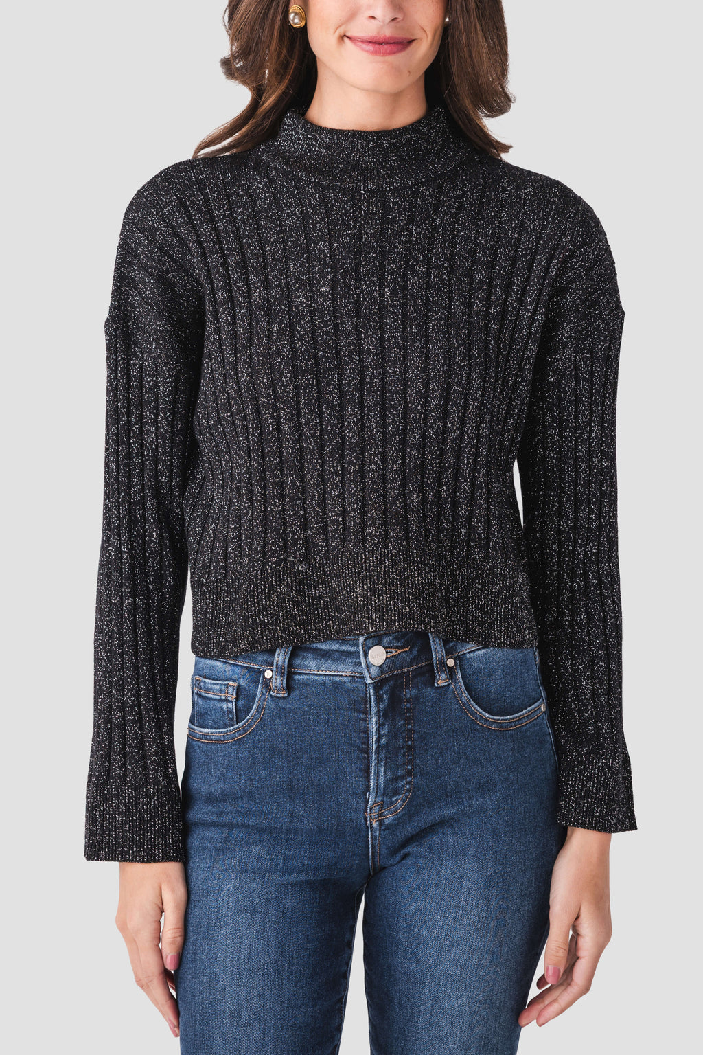Dark charcoal knit pullover with ribbed turtleneck and long sleeves, close-knit texture