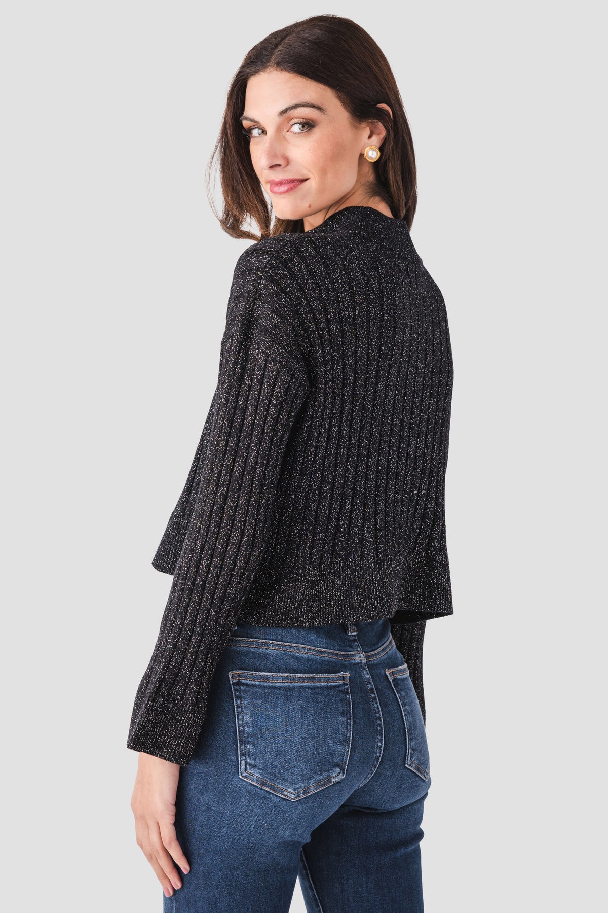Dark charcoal ribbed knit pullover with turtleneck, reverse side view, long sleeves