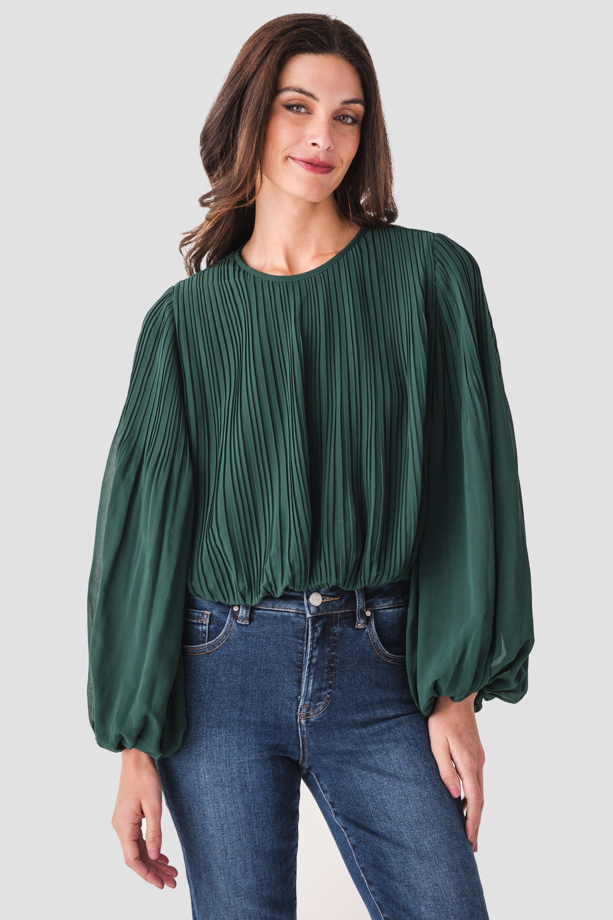 Pine green pinch pleated bubble hem top with crew neck and long puff sleeves