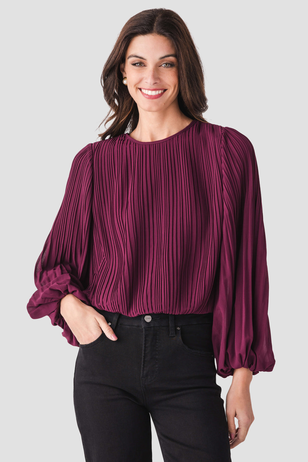 Wine bubble hem top with vertical pleats and gathered bubble sleeves
