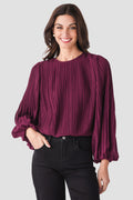 Wine bubble hem top with vertical pleats and gathered bubble sleeves