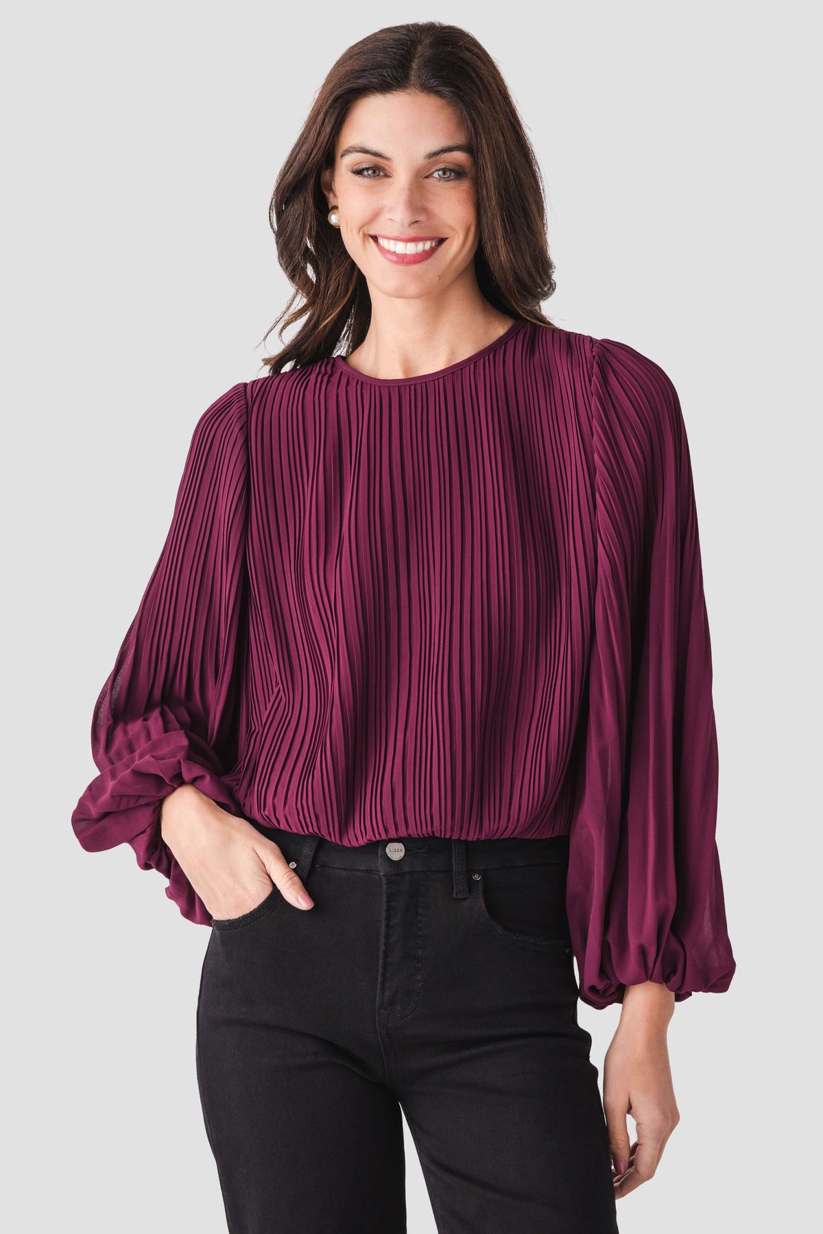 Wine bubble hem top with vertical pleats and gathered bubble sleeves