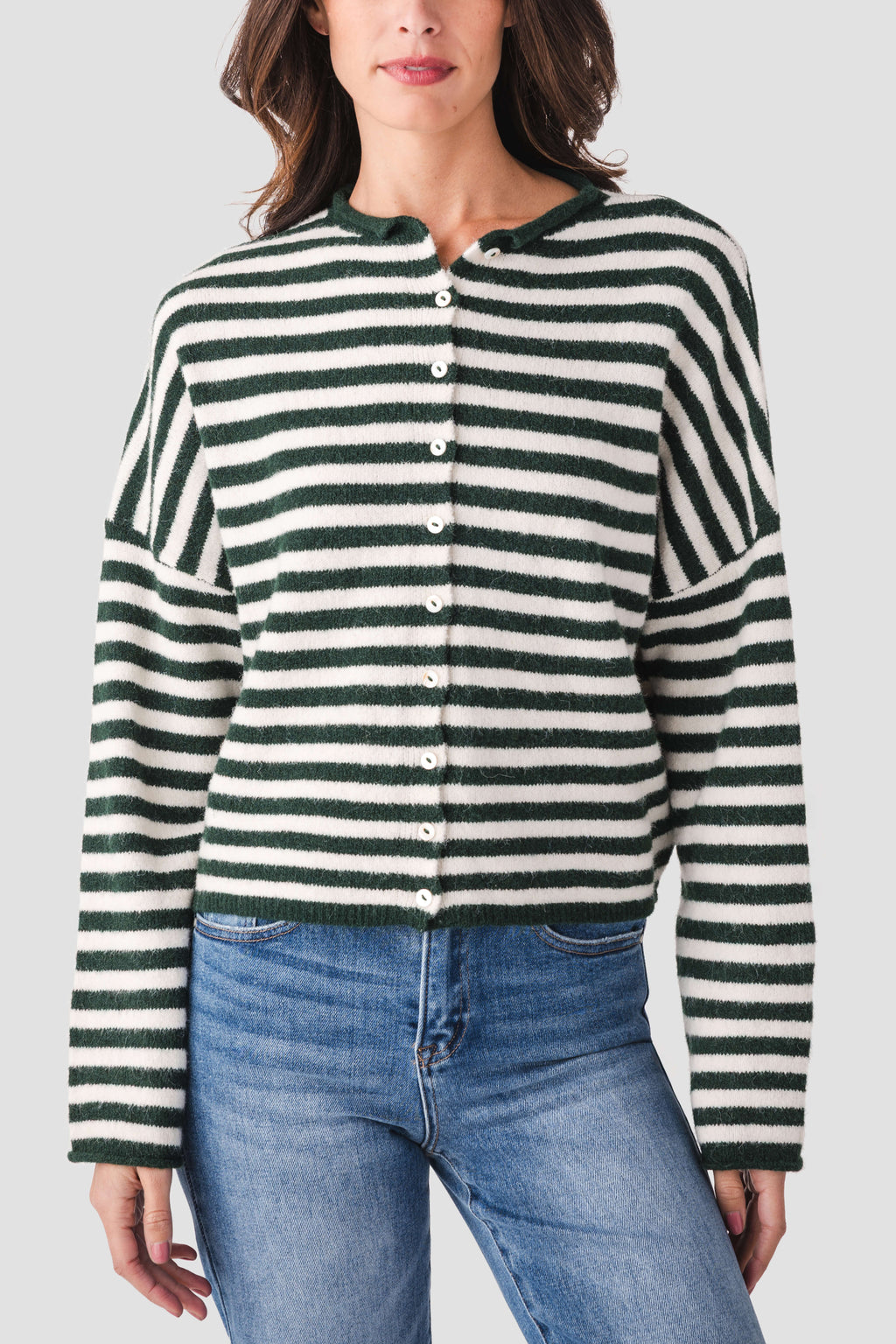 Green and white striped cardigan with round crew neck and button placket