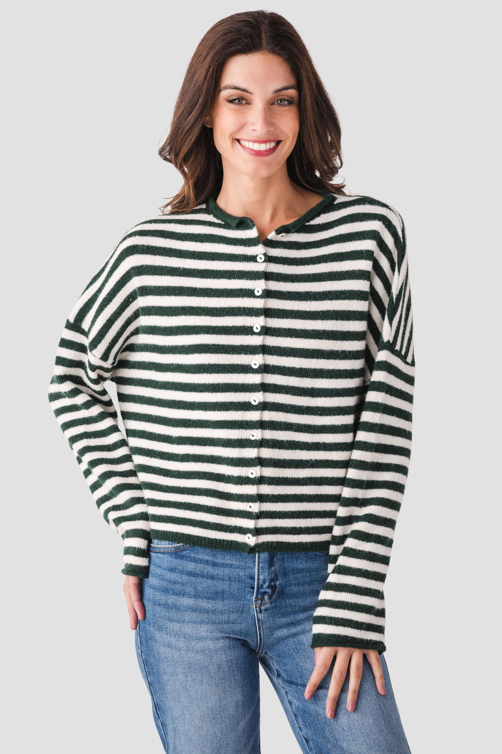 Green and white striped button-front cardigan with long sleeves and crew neck