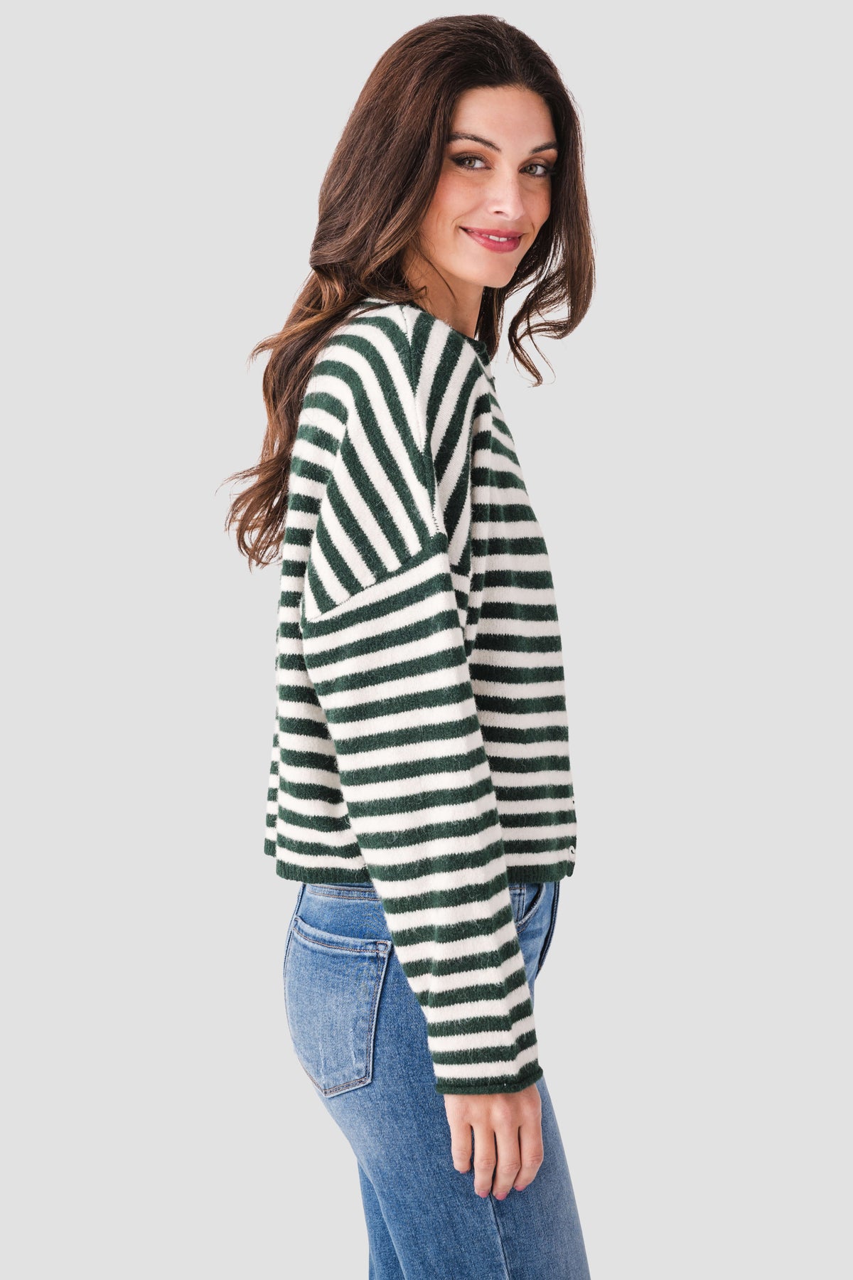 Green and white striped knit cardigan with button front and long sleeves
