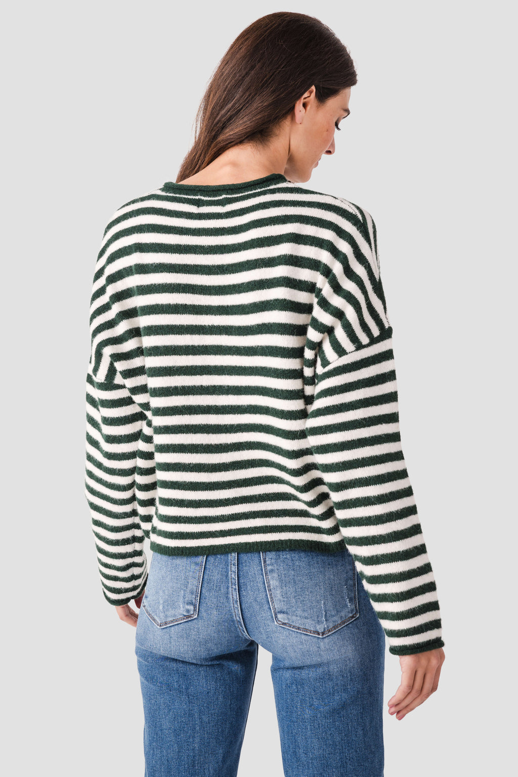 Green and white striped cardigan, long sleeves, crew neck rib trim (back view)