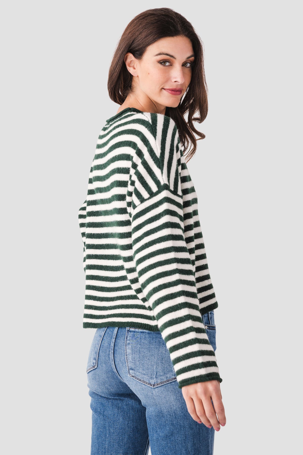 Green and white striped cardigan with button front, long sleeves, ribbed cuffs