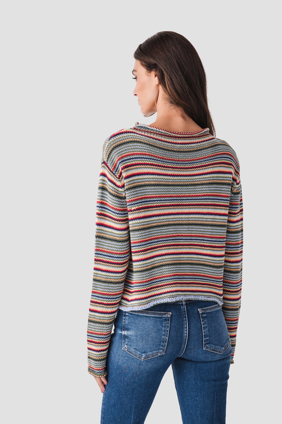 Multicolor striped rollneck sweater, back view with ribbed crew-style neck