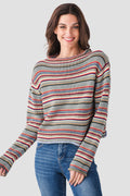 Multicolor striped rollneck sweater, front view with long sleeves and knit pattern