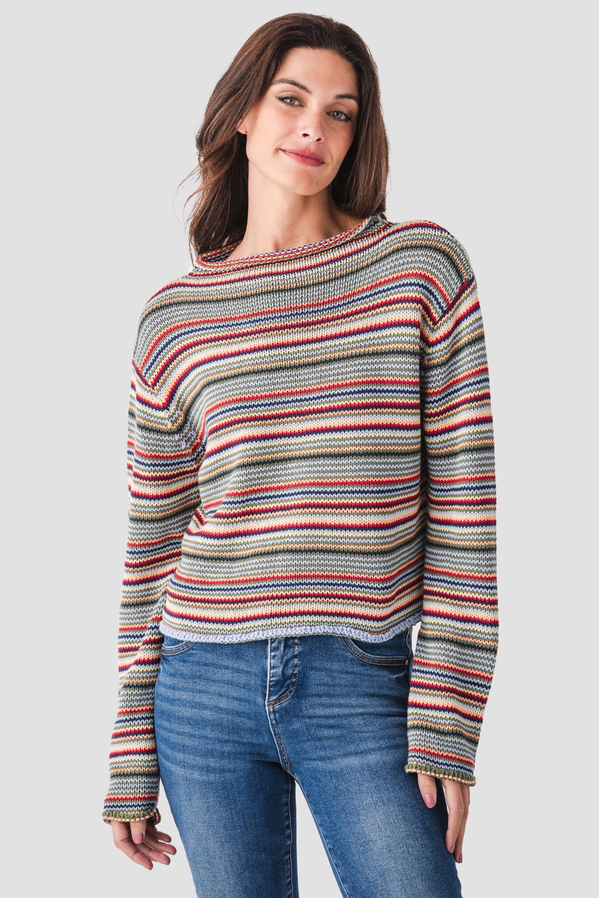 Multicolor striped rollneck sweater with long sleeves and ribbed neckline