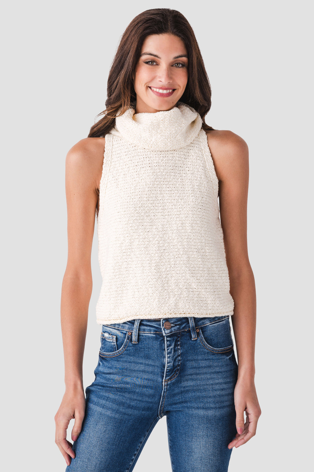 Ivory sleeveless knit top with draped cowl neck