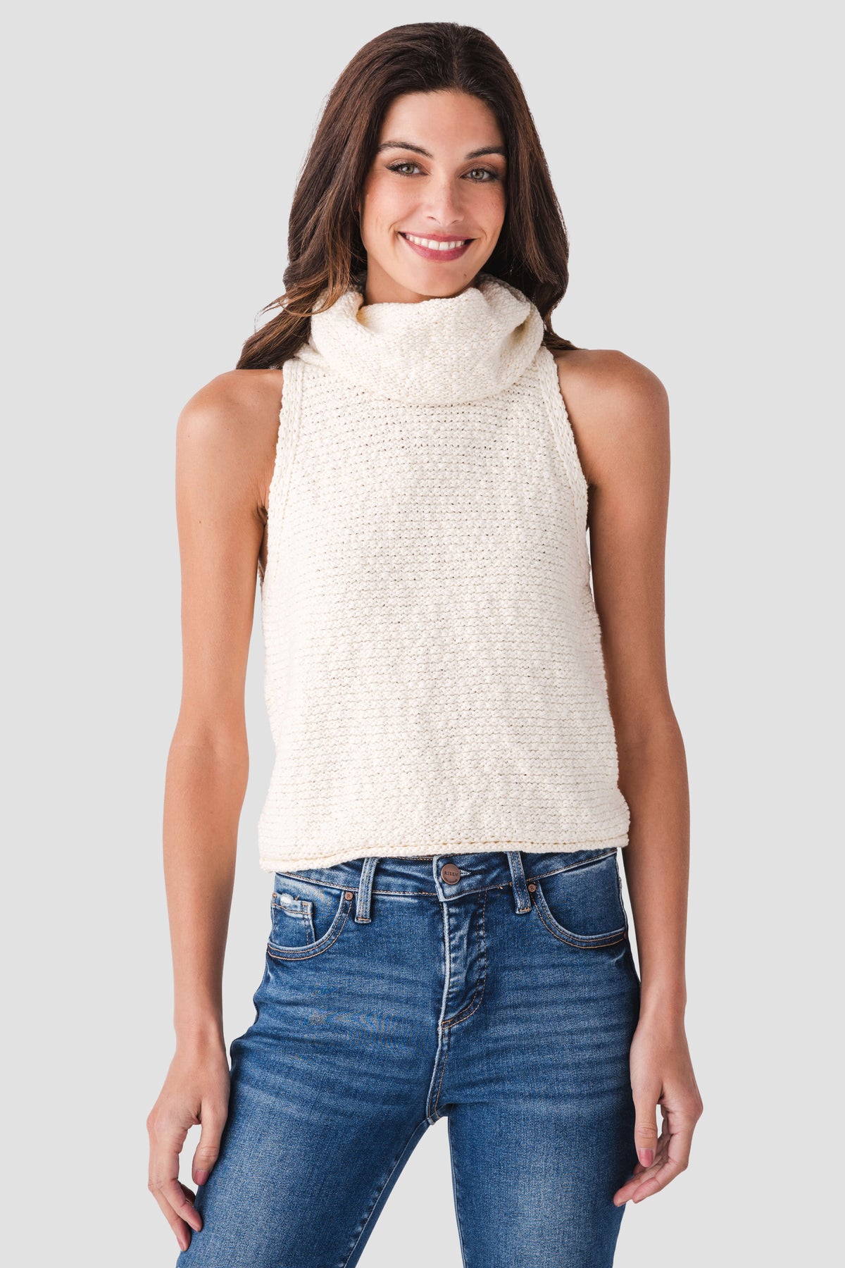 Ivory sleeveless knit top with draped cowl neck
