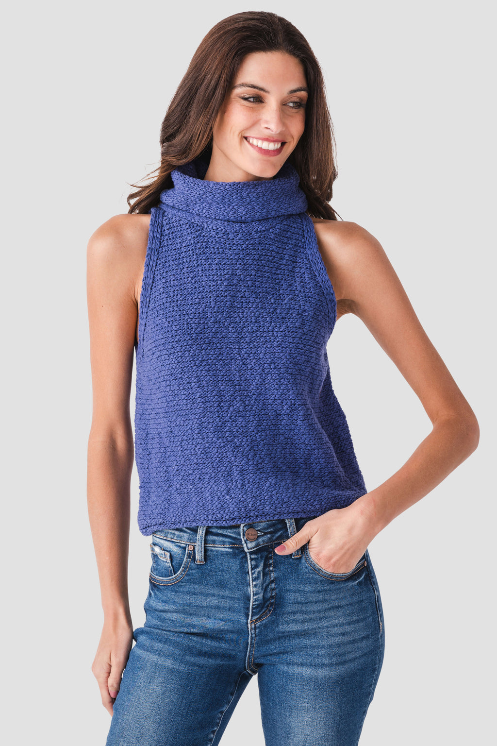 Blue sleeveless textured knit top with high cowl neckline, front view