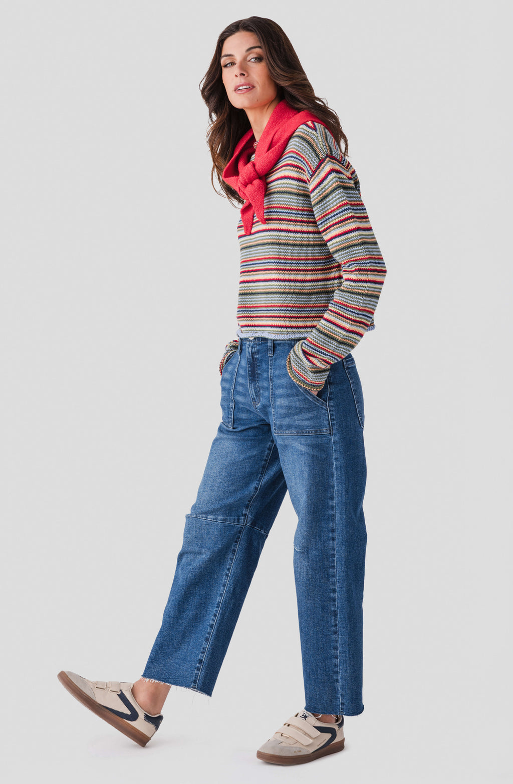 Multicolor striped rollneck sweater with long sleeves and ribbed neckline