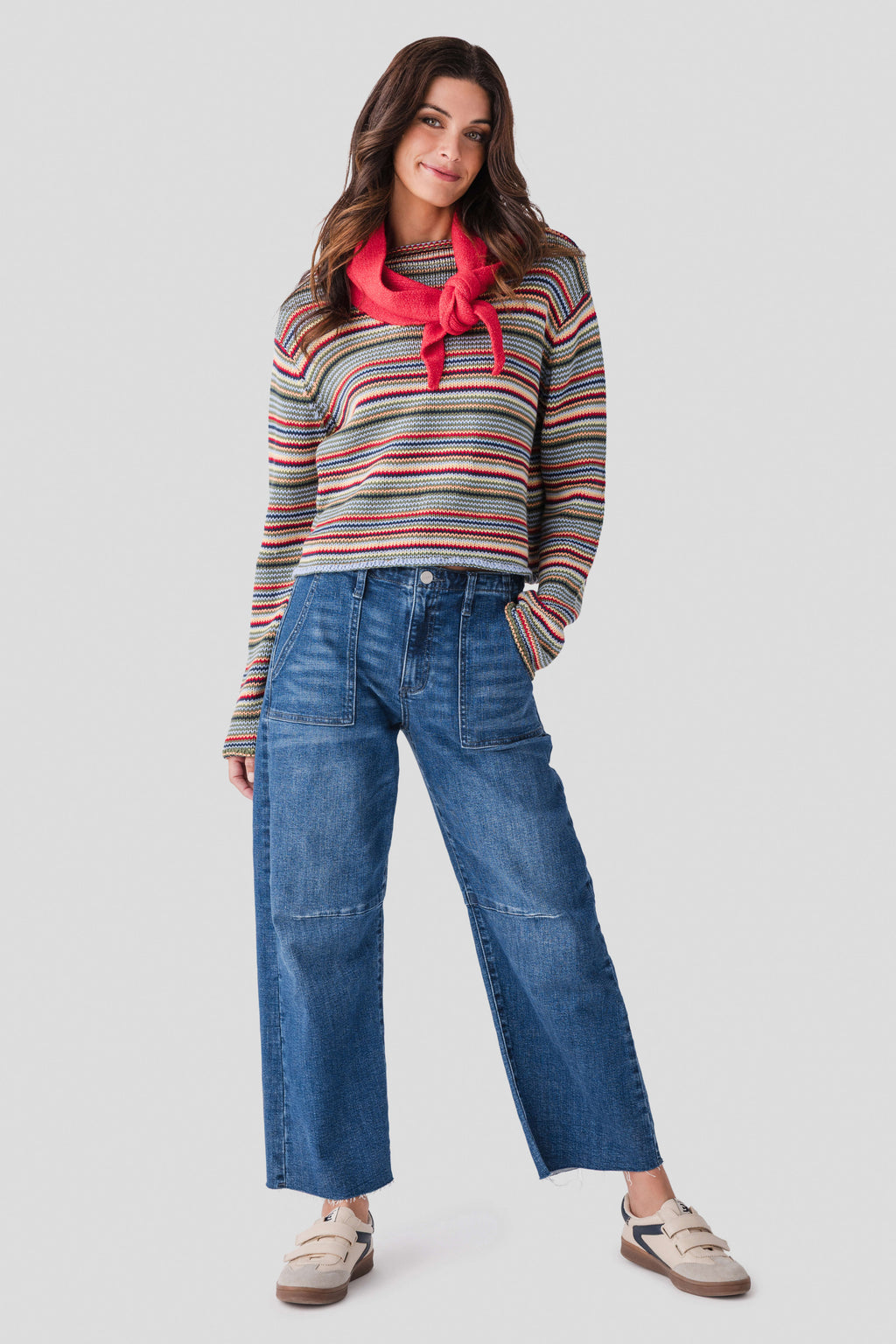 Multicolor striped rollneck sweater with cozy knit texture and long sleeves