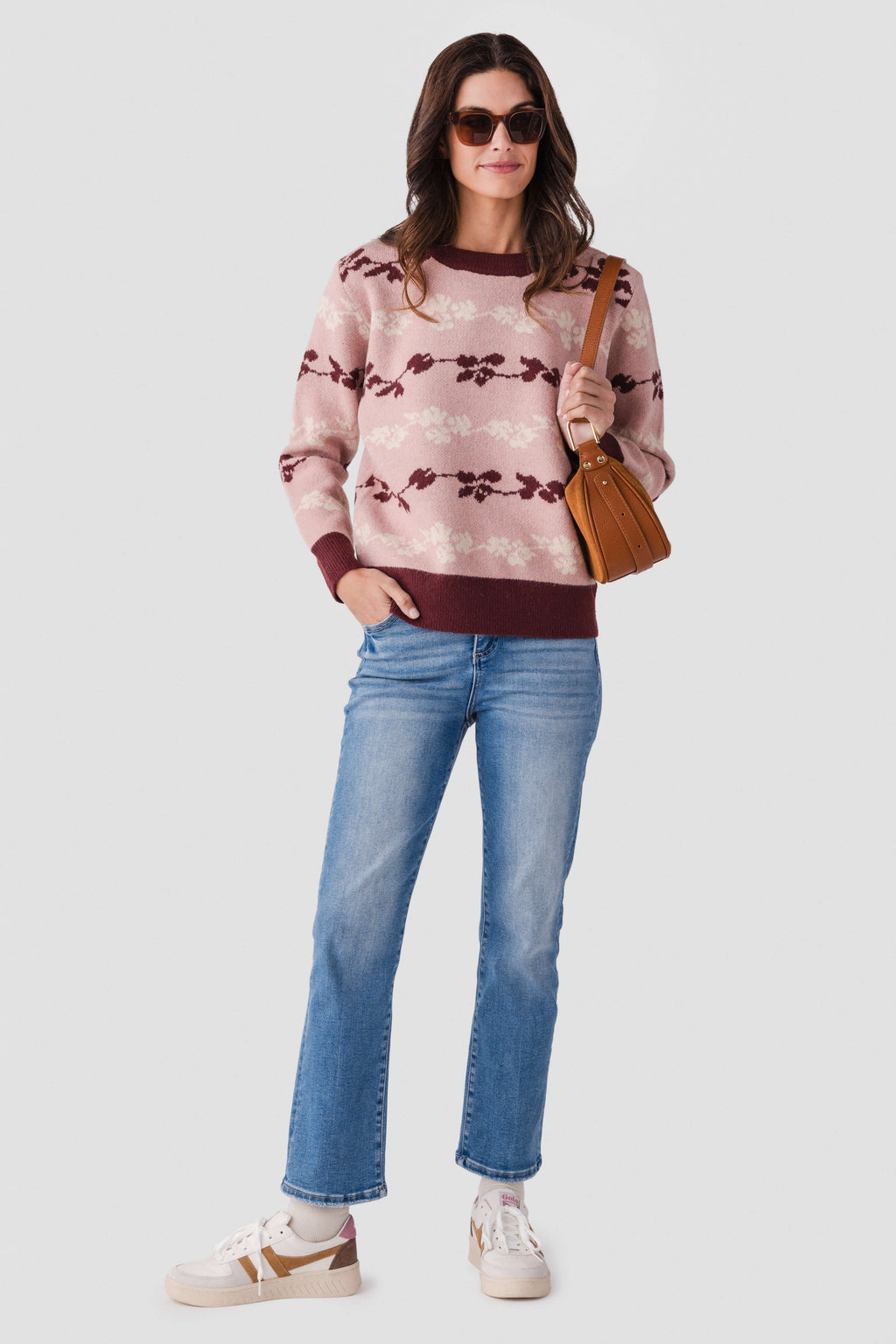 Floral jacquard knit pullover in mute rose with maroon bow stripe pattern, long sleeves