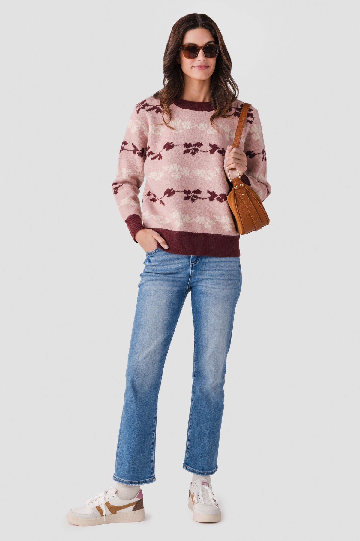 Floral jacquard knit pullover in mute rose with maroon bow stripe pattern, long sleeves