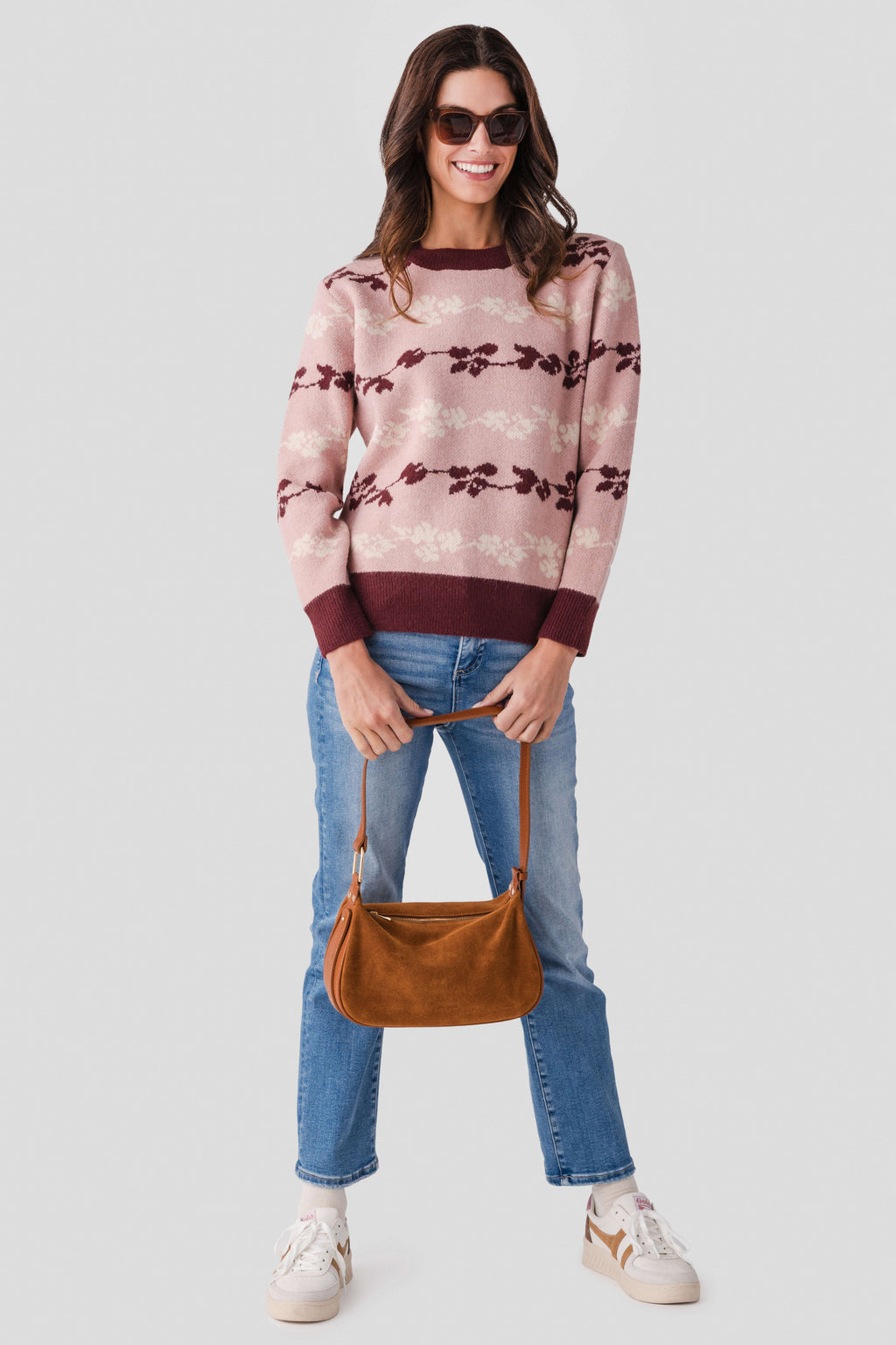 Floral jacquard knit pullover, mute rose with maroon bow stripe pattern and ribbed hem