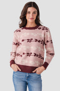 Floral jacquard knit pullover in mute rose with maroon bow stripe pattern and crewneck