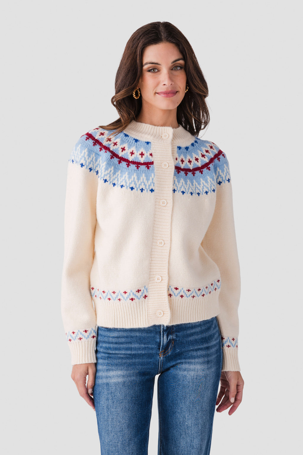 Ivory button-front cardigan with colorful fair isle yoke, button placket, and ribbed cuffs