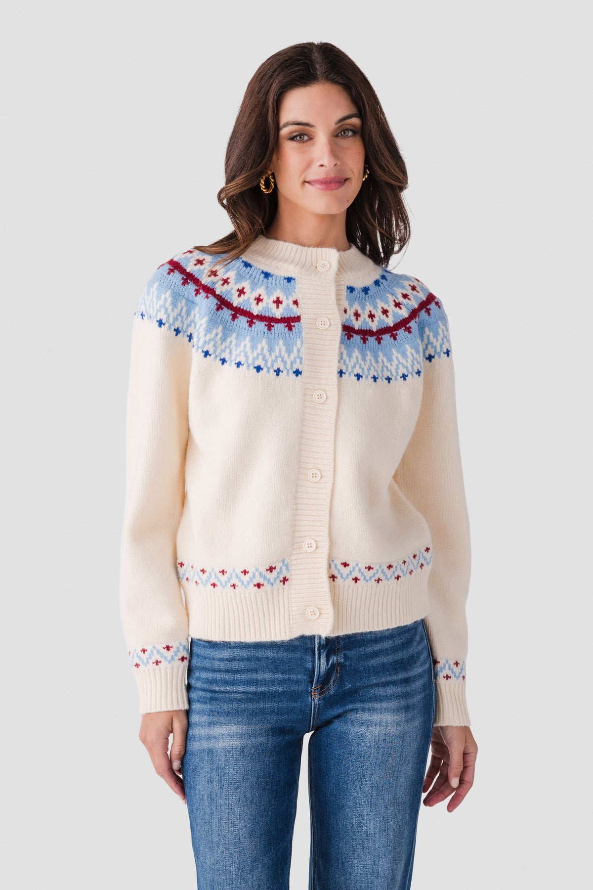 Ivory button-front cardigan with colorful fair isle yoke, button placket, and ribbed cuffs