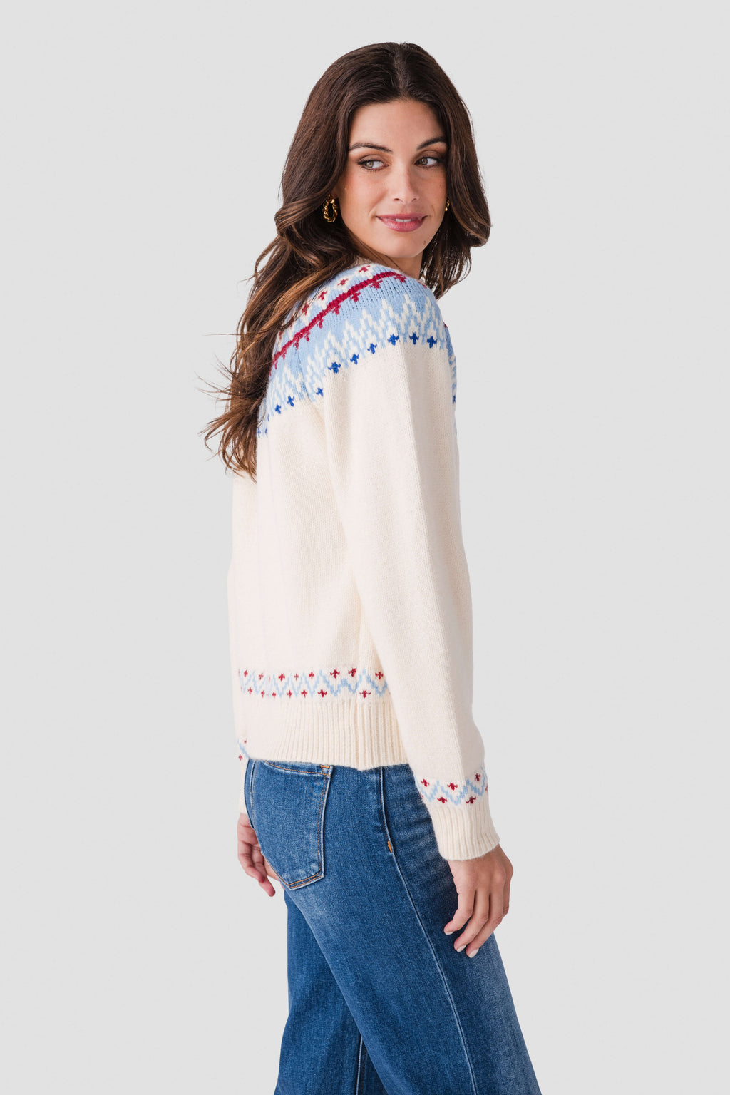 Ivory button-front cardigan with colorful fair isle yoke and ribbed cuffs