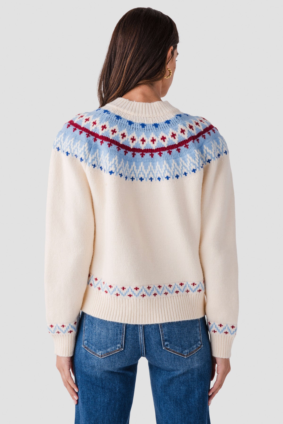 Ivory cardigan back with blue, red, and multicolor fair isle yoke and ribbed collar