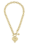 Gold toggle heart necklace with linked chain, toggle clasp, and heart charm pendant