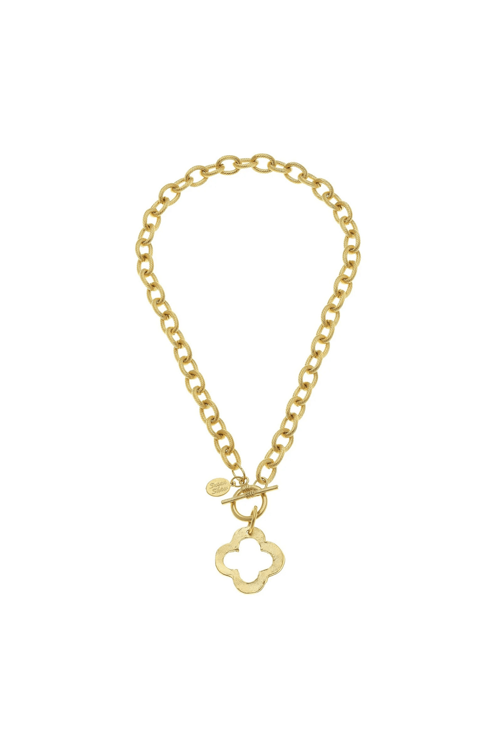 Gold chain necklace with small clover charms and hanging clover pendant.