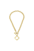 Gold chain necklace with small clover charms and hanging clover pendant.