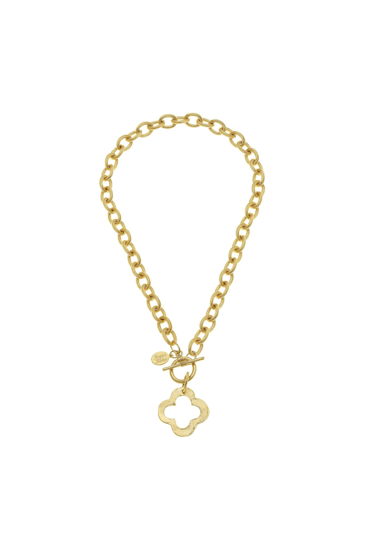 Gold chain necklace with small clover charms and hanging clover pendant.