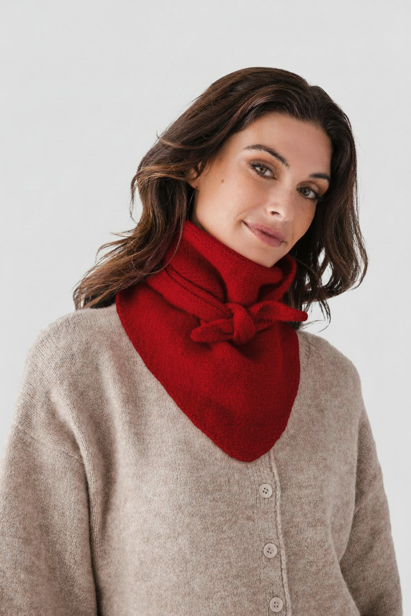 Red wool triangle scarf with front knot, draped at the neck