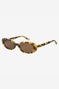 Oval tortoiseshell sunglasses with dark lenses and slim arms