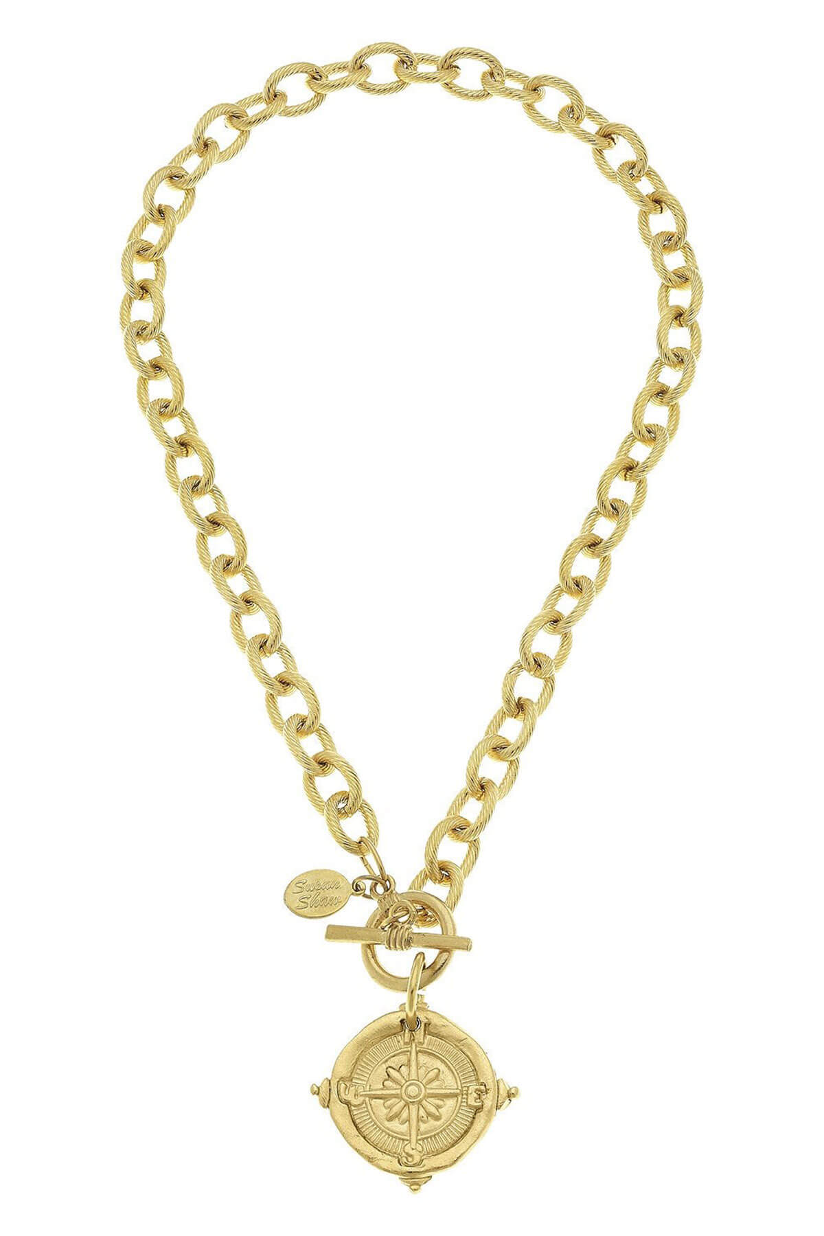 Gold toggle necklace with curb chain and compass medallion pendant