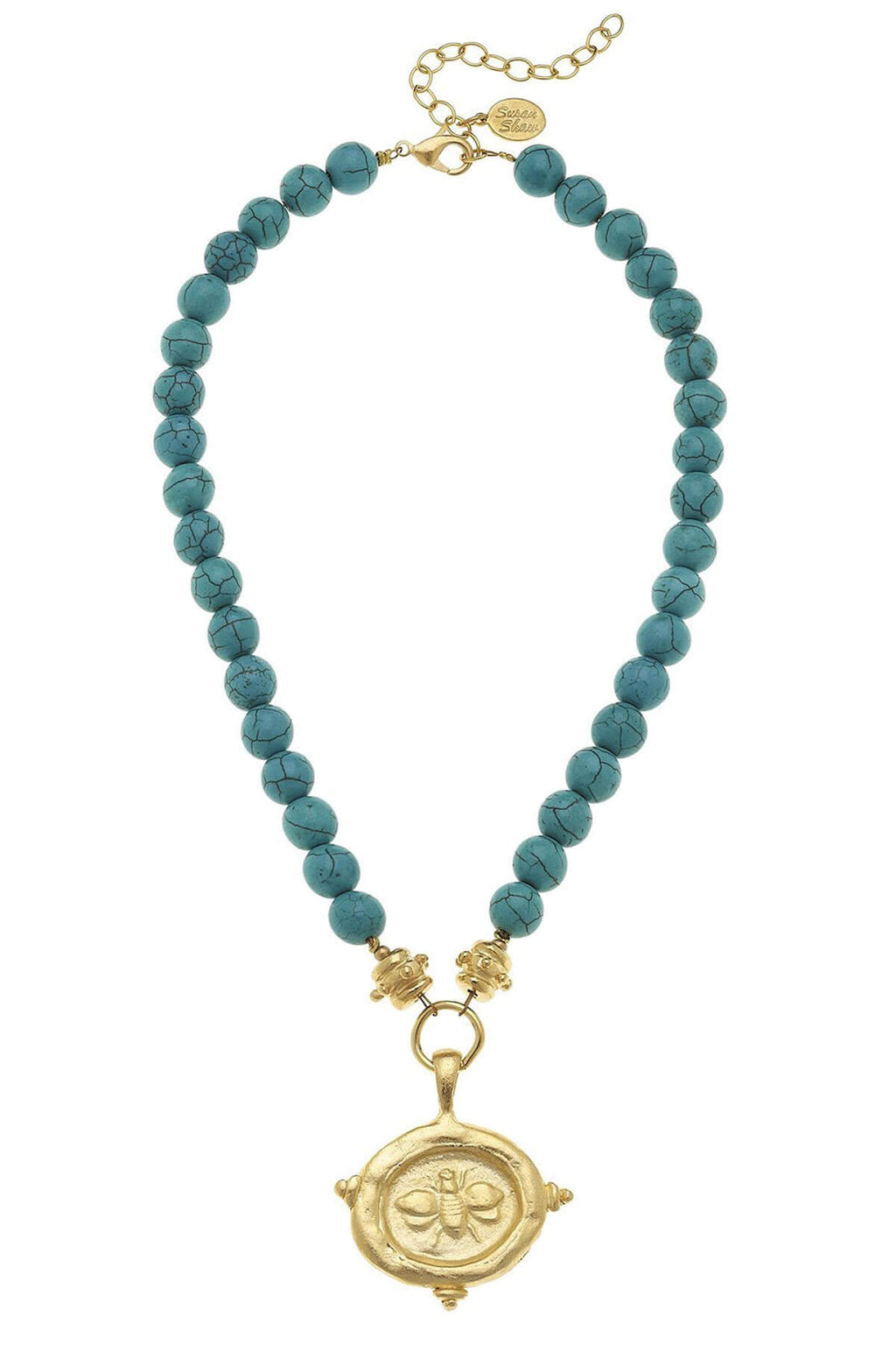 Turquoise bead necklace with gold-tone bee locket pendant and chain clasp