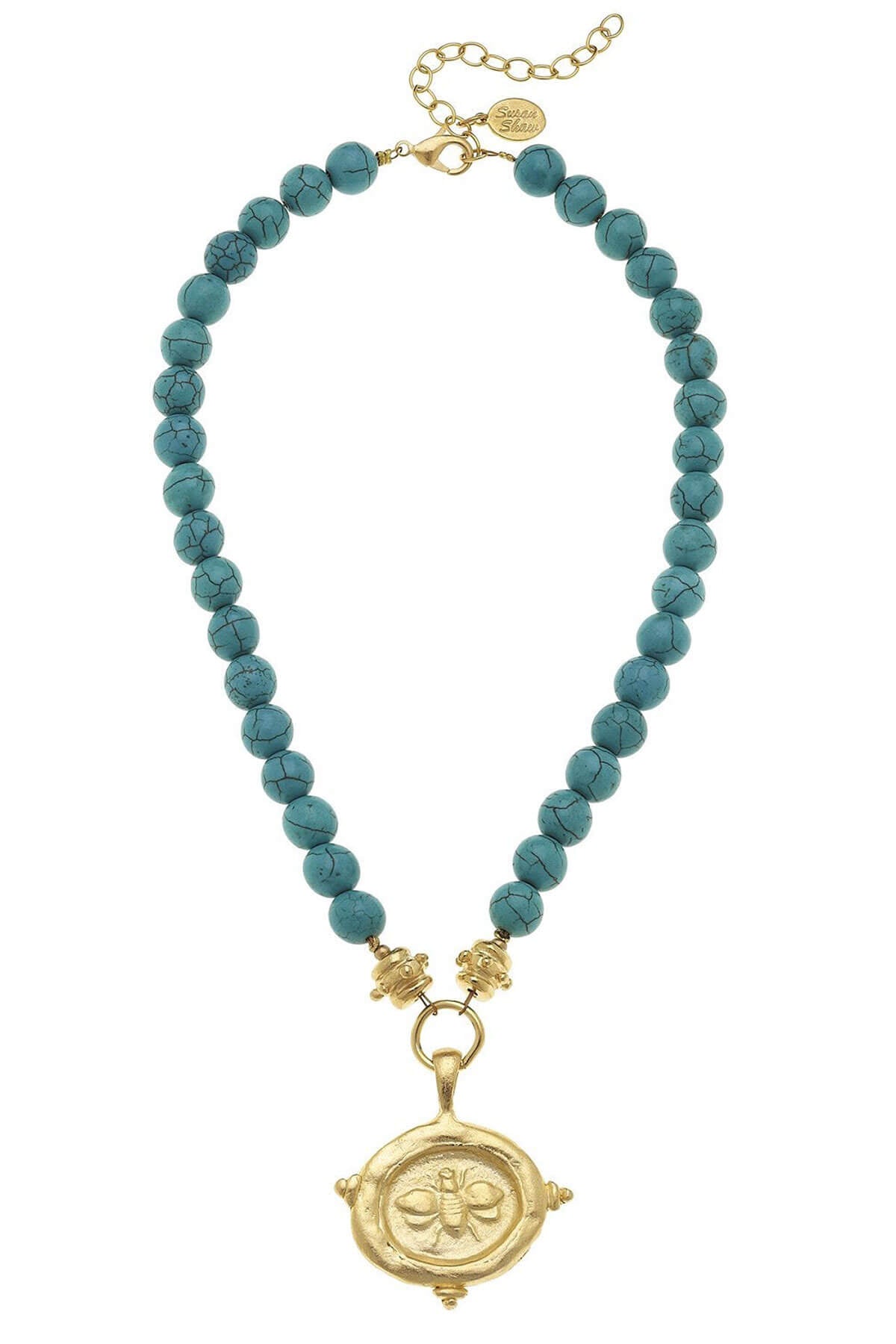 Turquoise bead necklace with gold-tone bee locket pendant and chain clasp